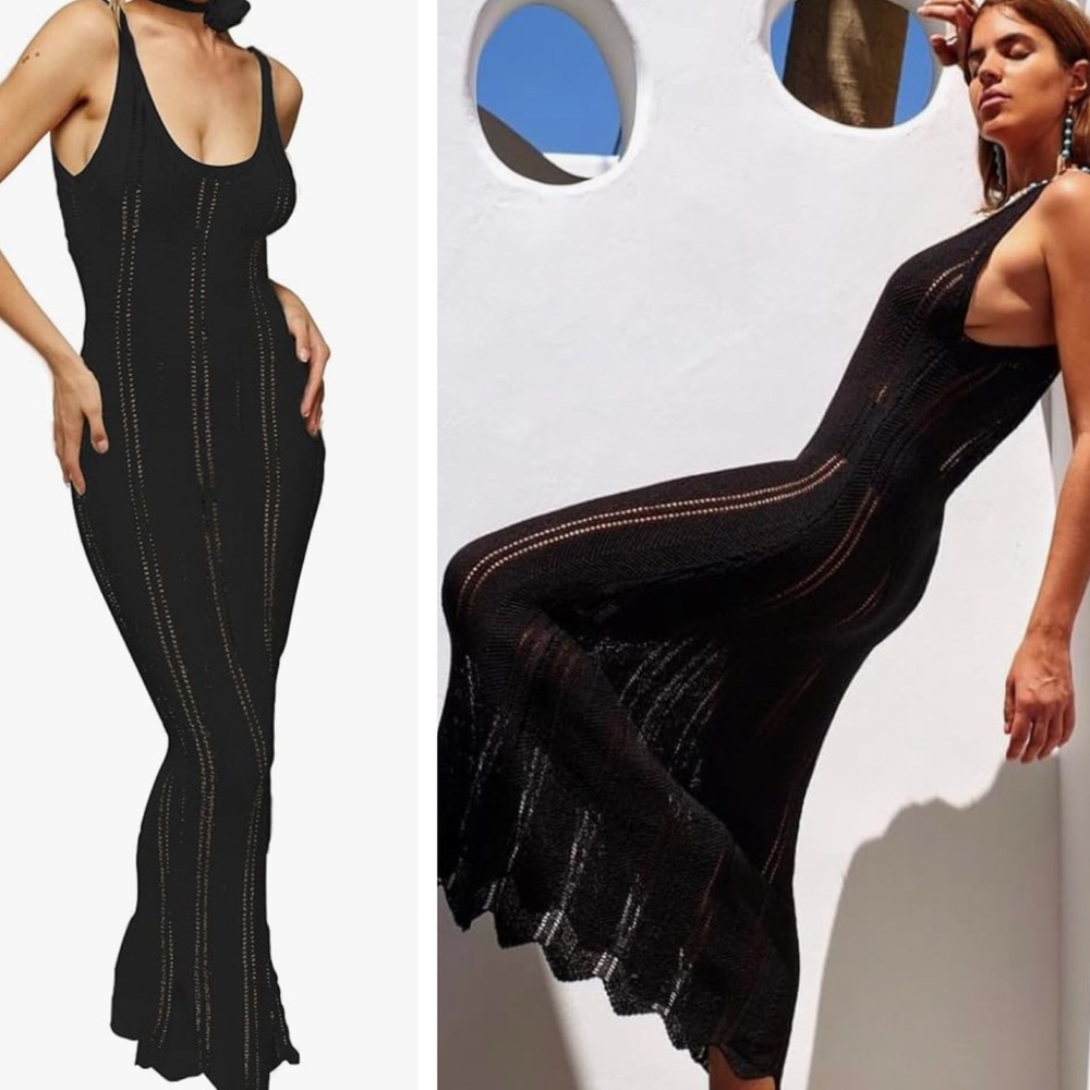 🆕 Black Sexy Knit Maxi Dress Crochet Scalloped Bottom Open Back Semi Sheer XL